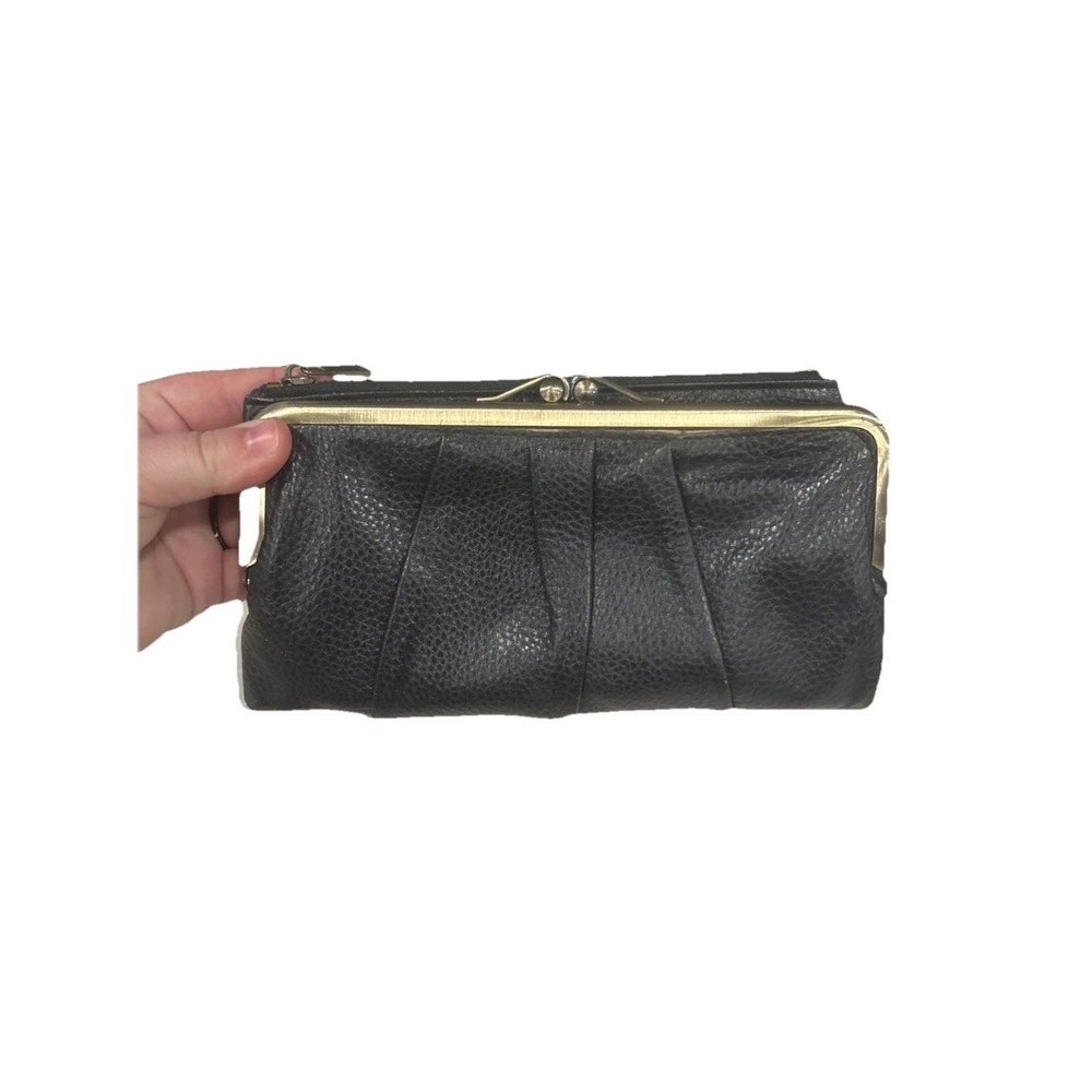 Vintage Black Leather Clutch Wallet Double Kiss Lock Frame Chain Bills Cards